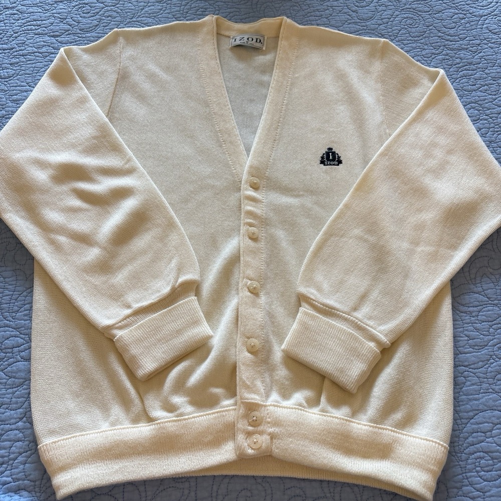 Izod Crest Mens Medium Vintage Cardigan Made in USA Ivory Preppy Golf Grandpa